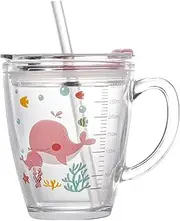 Kids Glass Milk Measure Cup 300ml Children's Drinking Cup Sip Sippy Cup with Silicone Straw and Lid Heat-Resistant Leakproof Water Bottle Travel Straw Mug Tumbler with Handle Cartoon Milk Scale Cup