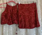 NWT-Sherri Hill 2 Piece Short Skirt & Halter Top Prom Dress Red Sequin SZ 8