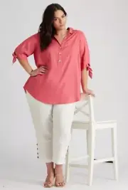 Autograph Top Shirt Blouse Tunic PLUS Size 22 RP$80 Linen Elbow Tie Sleeve Pink