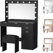 ALFORDSON Dressing Table Stool Set Makeup Desk with LED Mirror Lights in 3-Colour 12 Bulbs, Vanity Dresser Organiser with Chair & Multi Storage Drawers for Women Bedroom, Black