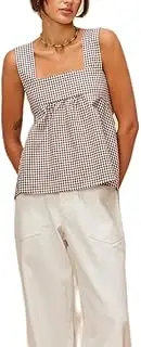 [Amiblvowa] Women Y2k Going Out Tank Tops Gingham Square Neck Peplum Cami Tank Sleeveless Backless Shirt Bowtie Blouse Summer