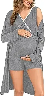[SWOMOG] Womens Maternity Nursing Pajama Set with Robe 3 Piece Breastfeeding Sleepwear Sleeveless Top & Shorts Pregnancy PJs, Grey, X-Large