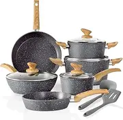 [Kitchen Academy] Induction Cookware Sets - 12 Piece Gray Cooking Pan Set, Granite Nonstick Pots and Pans Set, KA-CS01