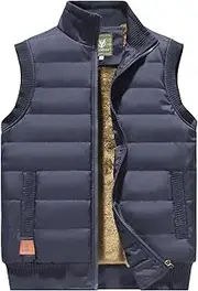[Sukany] Men's Warm Vest Winter Fleece Lined Stand Collar Jacket Outdoor Work Sleeveless Zipper Padded Puffer Waistcoat Thermal Outerwear
