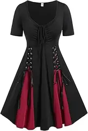 [ROSE GAL] Rosegal Plus Size Women Cinched Ruched Lace-up Two Tone Godet Hem A Line Gothic Short Sleeve Dress
