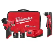 Milwaukee Impact Driver Kit 1/4" + Right Angle Drill 3/8" 12V Li-Ion Brushless