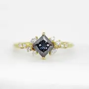 1.40Ct Gray Asscher Cut Moissanite Engagement Cluster Ring 10k Yellow Gold Over