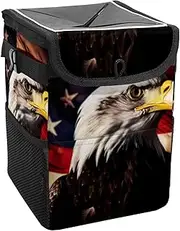 Car Trash Can with Lid and Storage Pockets Leak-Proof Organizer,Waterproof Garbage Can,USA Flag Eagle