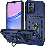 [T Tersely] for Samsung Galaxy A15 4G/5G Case with Camera Cover and Stand Kickstand Ring Military Grade Shockproof Protective Cover Back Wtih Car Magnetic Mount (Blue)