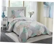 Blue and Green Rose Patchwork, 2-Piece Quilt Set Quilt Set Twin Blue Green