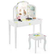 Costway Vanity Table & Chair Set Pineapple Dressing Table w/Tri-Folding Mirror 2 in 1 Pretend Play