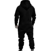 Men Onesie Hoodie Zip Jumpsuit Winter Casual Hooded Romper Playsuit Black M