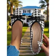 Women's Houndstooth Knit Pointed Toe Flats – Elegant Bow Detail Slip-On Loafers for Casual, Office, and Weekend Wear