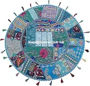 Turquoise Patchwork Cotton Boho Chic Bohemian Hand Embroidered Round Floor Pillows & Cushion Cover Seating Pouf Ottoman Cover