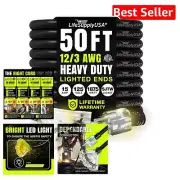 50ft Black Extension Cord - 3-Outlet, 15 AMP, Ideal for Outdoor & Indoor Use