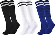 [hakugoo] Kids Soccer Socks Boys Girls Football Socks Cushioned Athletic Socks Youth Baseball Socks Striped Knee High Socks