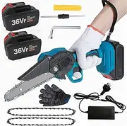 6" Mini Chainsaw Cordless Electric Pruning Shears One-Handed Portable Chain Saw With 2 Battery 3 Chains Safety Lock Gloves Brushless Motor for Branch Wood Cutting Garden Tree Logging Trimming Blue