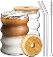 [Ework4U] 2 Pcs Drinking Glasses with Bamboo Lids and Glass Straw 14oz Glassware Set,Cocktail Glasses,Iced Coffee Glasses,Beer Glasses,Ideal for Water,Soda,Tea,Gift - with Cleaning Brushe