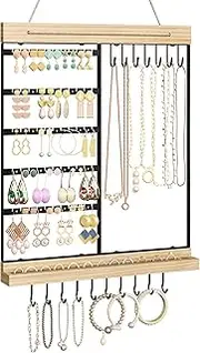Feyejade Hanging Jewelry Organizer, 5-Tier Wall Earring Holder with Wooden Ring Groove, Jewelry Rack Wall Mounted for Earrings, Necklaces, Bracelets and Rings, Jewelry Holder Stand,Black