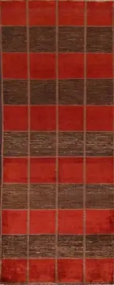 Contemporary Checked Gabbeh Oriental Runner 3x8 Rug Handmade Plush Wool Carpet