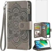 Asuwish Compatible with Samsung Galaxy S21 FE Gaxaly S 21 FE 5G Wallet Case and Tempered Glass Screen Protector Leather Flip Card Holder Cell Phone Cover for Glaxay S21FE5G UW S21FE 21S G5 Women Grey