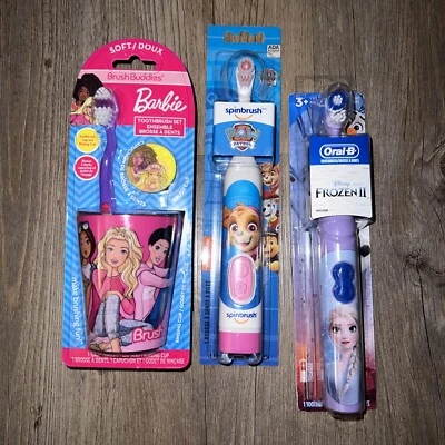 LOT 3 KID'S TOOTHBRUSH DISNEY Girls Princess Anna Skye Paw Patrol & Barbie +cup