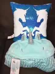 JUSTICE BLANKET UNICORN SUPER SOFT COZY & PILLOW SHIMMERING FLIP SEQUINS