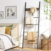 Giantex Wall Leaning Blanket Ladder, 5-Tier Ladder Shelf with 5 Removable Hooks, Industrial Blanket Holder Rack, Drying and Display Rack for Bathroom, Living Room, Entrance, Rustic Brown