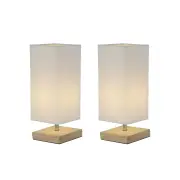 Omega Bright Duo Set of 2 Modern Wooden Base Square Table Lamp Light Rectangular Linen Shade - White