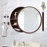 Round Sliding Door Mirror Cabinet, Dark Walnut Bathroom Wall Mirror with Cabinet Large Storage Space Hd Mirror for Wall Decor, Vanity, Entryway Living Room 70cm