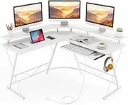 Costway L-Shaped Computer Desk with Power Outlet, 130 cm Corner Computer Workstation with Monitor Stand, Keyboard Tray & Headphone Hook, Ergonomic Gaming Desk for Home Office (White)