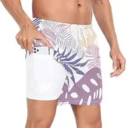 [GuoChe] Men's Swimming Trunks Mens 2In1 Running Shorts Valentine's Day Tropical Palm Leaves Pastel Phone Pocket Training, Valentine's Day Tropical Palm Leaves Pastel, Medium