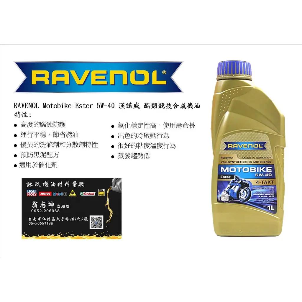 Ravenol日耳曼酯類競技合成機油5w-40的優惠比較- 2026年01月|飛比價格