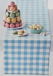 1 Fabric Indoor Table Runner (14"x90") SPRING PLAID LIGHT BLUE & WHITE, HFH