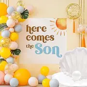 SANDOO Here Comes The Son Decal Sign for Balloon Arch Peel and Stick - Here Comes The Son Baby Shower Decor, Here Comes The Sun Decor Stickers for Backdrop, It's A Boy Gender Reveal Party Supplies