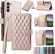 [ELEPIK] for Samsung Galaxy S21 Case, Adjustable Crossbody Wallet Case with Card Holder, Kickstand, Wristlet for Women Men, Durable PU Leather Magnetic Phone Case for Galaxy S21, Pink
