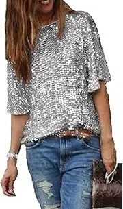 [XIAOSHI] Women 's Full Sequin Tops Glitter Party Shirt Short Sleeve Sparkle Blouses T-Shirt