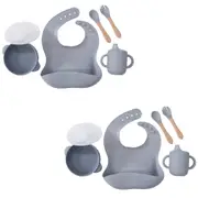 2x LVD Silicone Baby Toddler Feeding Dinnerware Set Bib Spoon/Fork Cup Bowl Grey