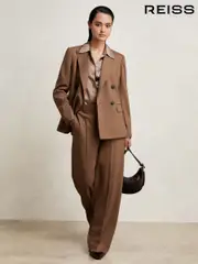 Reiss Tan Solene Wool Blend Wide Leg Suit Trousers (H14431) | $350