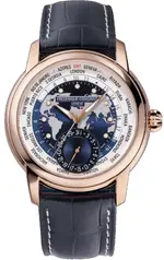 CONSTANT 康斯登 自製機芯經典 WORLDTIMER 限量 世界時區18K金 機械男腕錶(FC-718NWWM4H9)-42MM-藍面皮革【刷卡回饋 分期0利率】【APP下單點數4倍送】