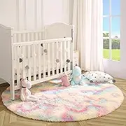 JAMFEEL Fluffy Round Rainbow Rugs for Girls Bedroom, Shag Colorful Circle Rug for Living Room, Soft Fuzzy Carpets for Princess Room, Cute Kids Playmats for Baby Nursery Home Decor, 4 Feet