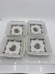 4 -Germany Pierced- Reticulated Porcelain Square Dish Victorian ~PAIR IN GARDEN