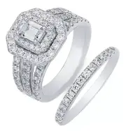 GIA Certified Diamond Bridal Set 3.70 CTW Emerald and Round 18k White Gold