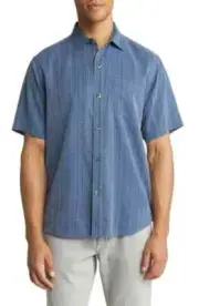 $118 TOMMY BAHAMA Salt Island Stripe S/S Silk Button-up Shirt In Bering Blue, Sm