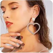 [Xerling] Pearl Crystal Rhinestones Love Heart Dangle Earrings Statement Wedding Drop Earrings for Women Bohemian Sparkly Jewelry Hoop Earring, Metal Silver Pearl