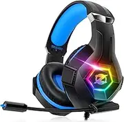 Gaming Headset PS5 PS4 Headset with 7.1 Surround Sound, Gaming Headphones with Noise Cancelling Flexible Mic RGB LED Light Memory Earmuffs for PS5, PS4, Xbox one, PC, Mac
