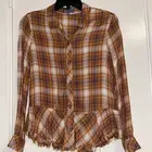 Democracy Plaid Top Metallic Plaid Fringe Hem Long Sleeve Button Up Women's XS