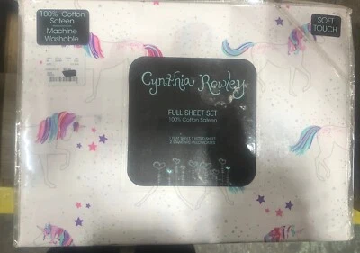 UNICORN PRINT KIDS CYNTHIA ROWLEY 100% COTTON SATEEN FULL BEDSHEET SET OEKO TEX