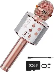 ROSY CLOUD Wireless Bluetooth Karaoke Microphone for Kids, 5-in-1 Portable Handheld Karaoke Mic Speaker Player Recorder with Adjustable Remix FM Radio for Kids Girls Boys (with 32G TF Card,Rose Gold)