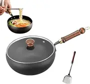 Suntuup Japanese Iron Pan, Hand-Forged Non-Stick Iron Pan Without Coating, Durable and Rust-Free, Uncoated Cast Iron Pans with Lid for Cooking (Black with Glass Cover,28cm)